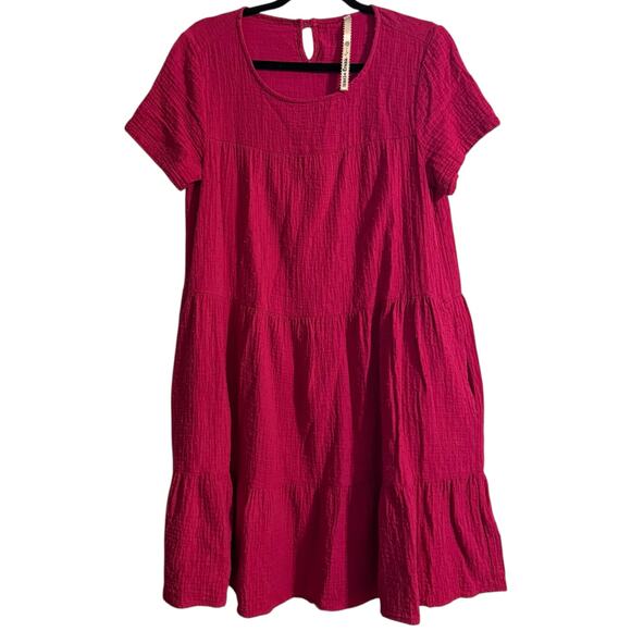Uncle Frank Magenta Pink Short Sleeve Swiss Dot Tiered Dress with Pockets Small - Picture 1 of 7